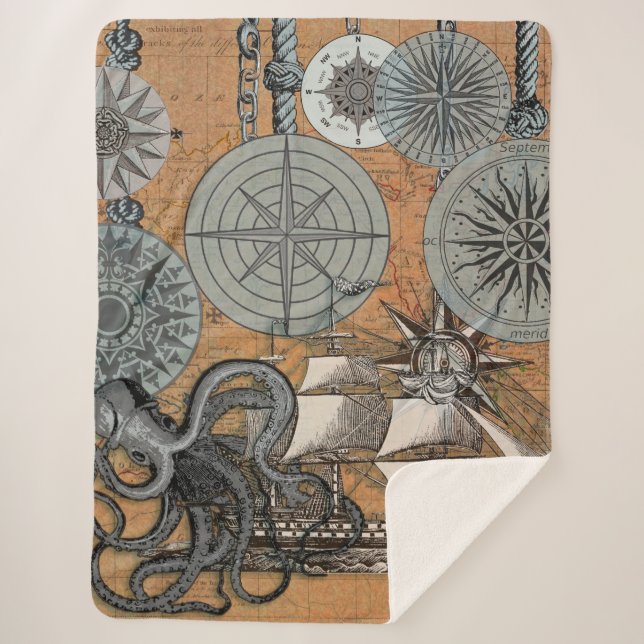 Compass Rose Vintage Nautical Octopus Ship Sherpa Blanket (Front)