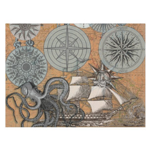 Compass Rose Vintage Nautical Octopus Ship Tablecloth