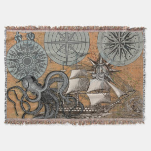 Compass Rose Vintage Nautical Octopus Ship Throw Blanket