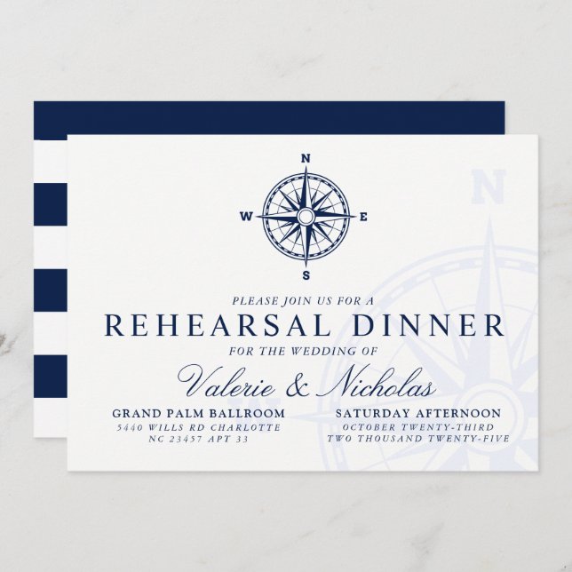 Compass Rose Wedding Rehearsal Dinner Invitation (Front/Back)