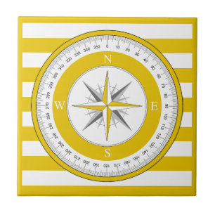 Compass Rose Yellow and White Stripes Ceramic Tile