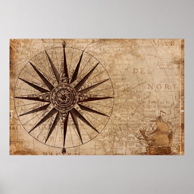 Compass Sailing Ship Discovery Age World Map Poster (Front)
