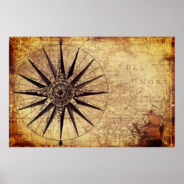 Compass Sailing Ship Discovery Age World Map Poster (Front)