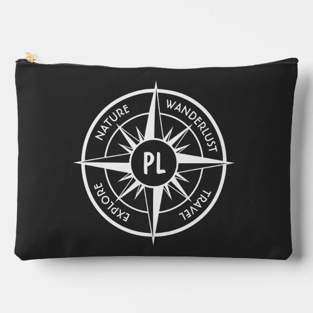 Compass star emblem monogram black and white  accessory pouch (Front)