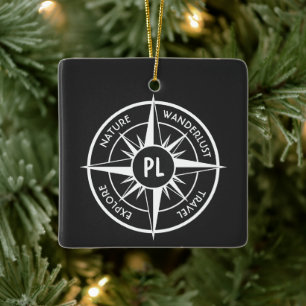 Compass star emblem monogram black and white ceramic ornament