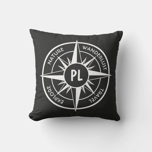 Compass star emblem monogram black and white cushion (Front)