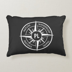 Compass star emblem monogram black and white decorative cushion
