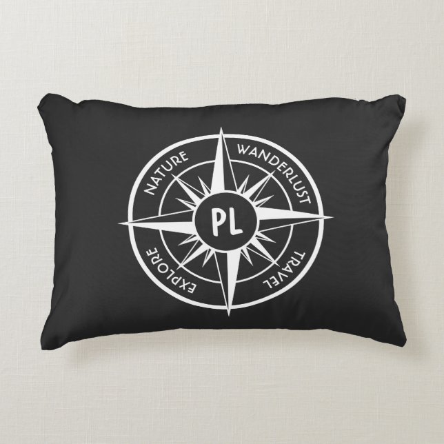 Compass star emblem monogram black and white decorative cushion (Front)