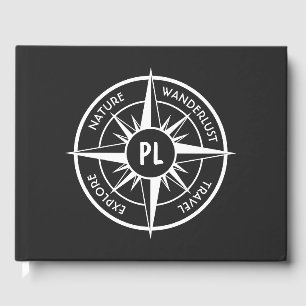 Compass star emblem monogram black and white  guest book