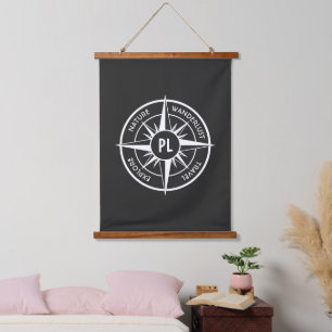 Compass star emblem monogram black and white hanging tapestry