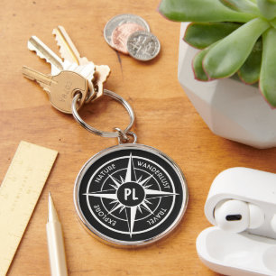Compass star emblem monogram black and white key ring
