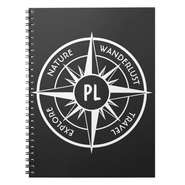Compass star emblem monogram black and white notebook (Front)