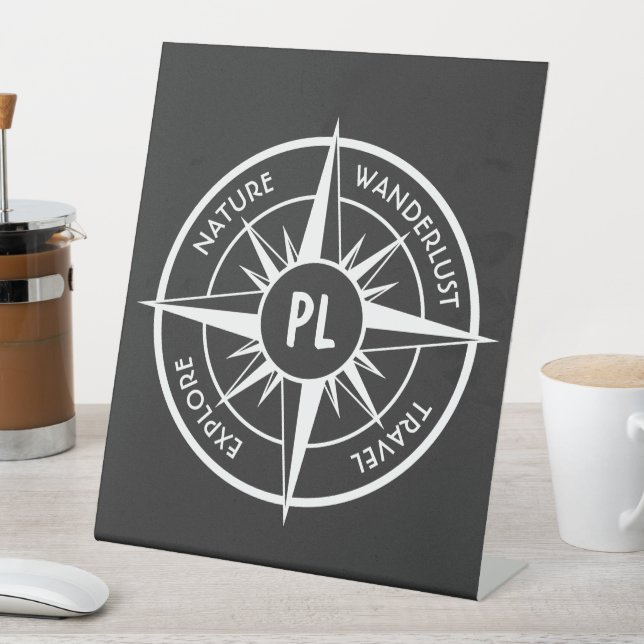 Compass star emblem monogram black and white  pedestal sign (In SItu)