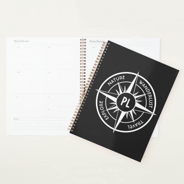 Compass star emblem monogram black and white planner (Display)