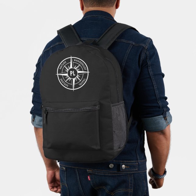 Compass star emblem monogram black and white  printed backpack (Insitu (Model))