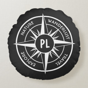Compass star emblem monogram black and white round cushion
