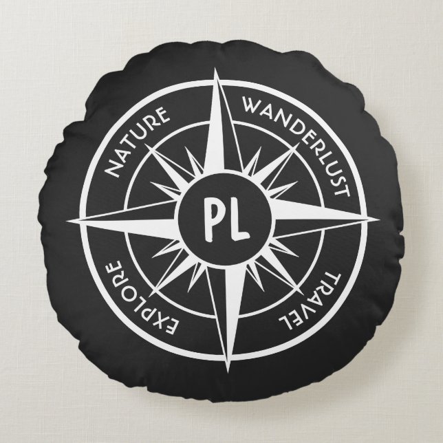 Compass star emblem monogram black and white round cushion (Front)