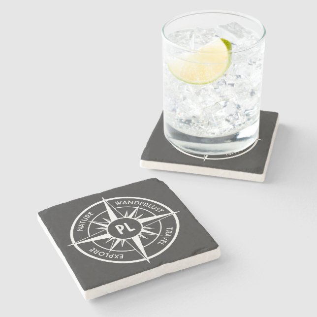 Compass star emblem monogram black and white stone coaster (Side)