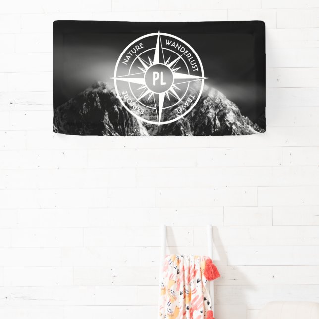 Compass star emblem monogram dramatic mountains banner (Insitu)
