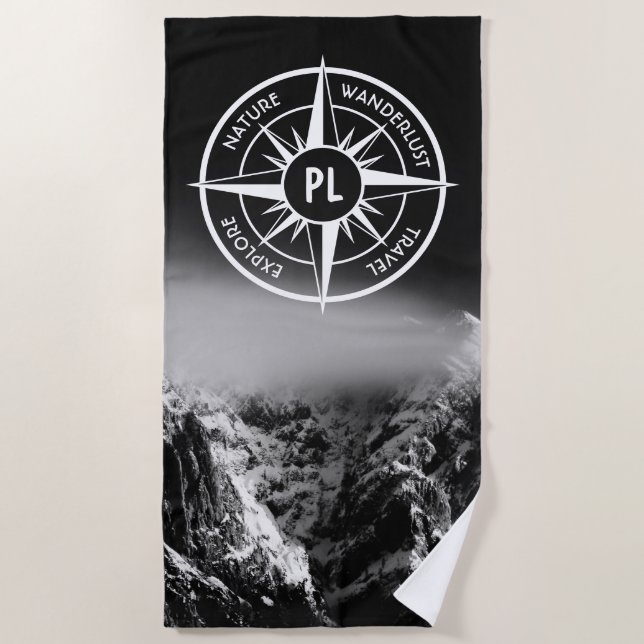 Compass star emblem monogram dramatic mountains beach towel (Front)