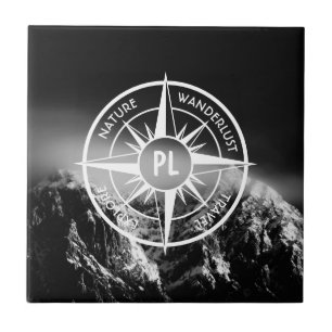 Compass star emblem monogram dramatic mountains ceramic tile