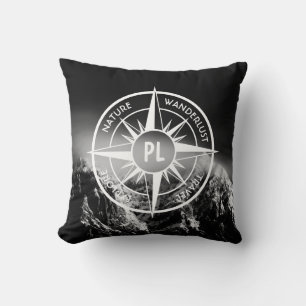 Compass star emblem monogram dramatic mountains cushion
