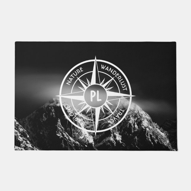 Compass star emblem monogram dramatic mountains doormat (Front)