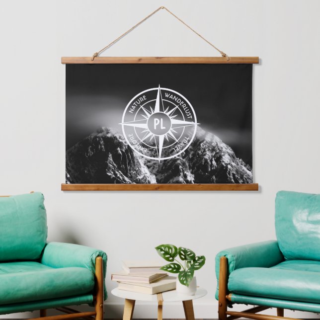 Compass star emblem monogram dramatic mountains hanging tapestry (Living Room)