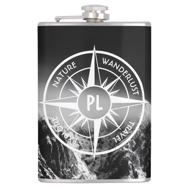 Compass star emblem monogram dramatic mountains hip flask (Front)