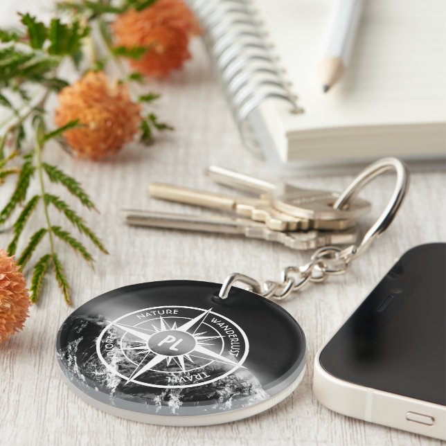 Compass star emblem monogram dramatic mountains key ring (Front Right)