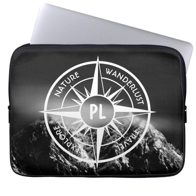 Compass star emblem monogram dramatic mountains laptop sleeve (Front)