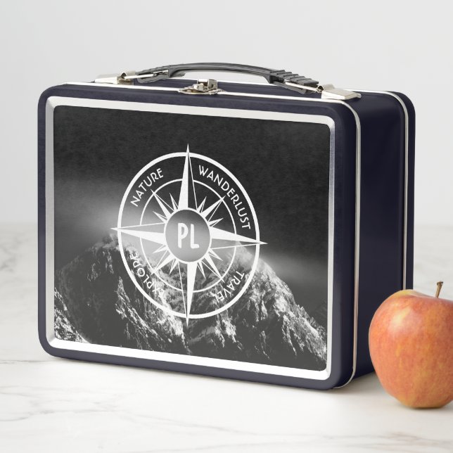 Compass star emblem monogram dramatic mountains metal lunch box (In Situ)