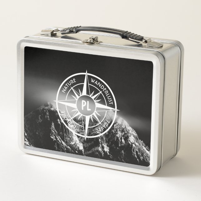 Compass star emblem monogram dramatic mountains metal lunch box (Front)