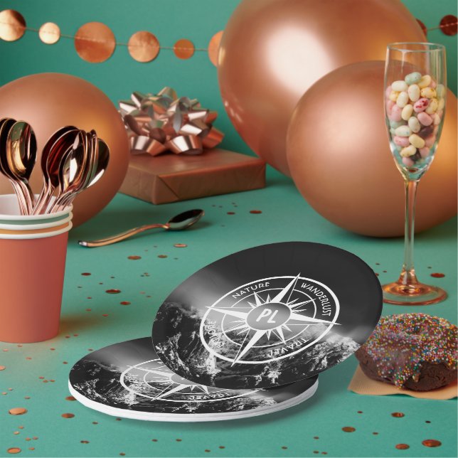 Compass star emblem monogram dramatic mountains paper plate (Multi)