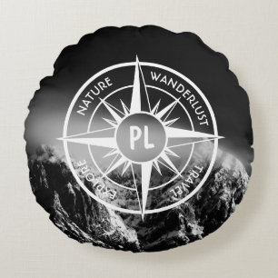 Compass star emblem monogram dramatic mountains round cushion