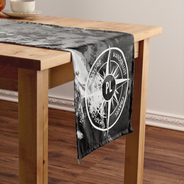 Compass star emblem monogram dramatic mountains short table runner (In Situ)