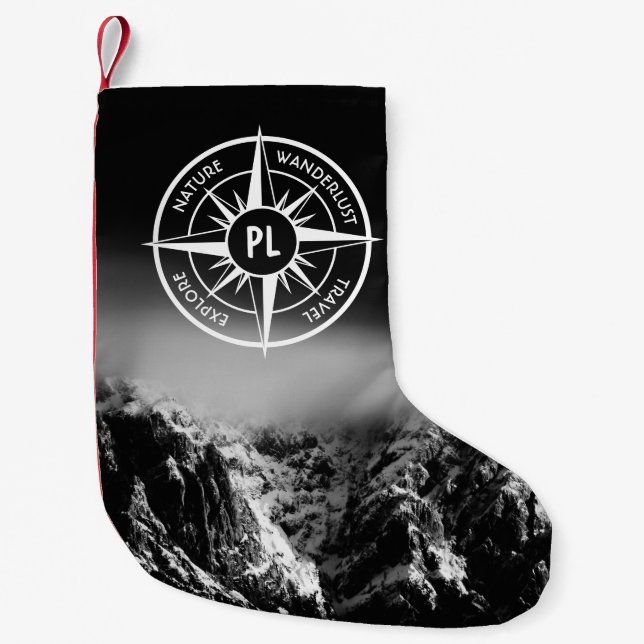Compass star emblem monogram dramatic mountains small christmas stocking (Front)
