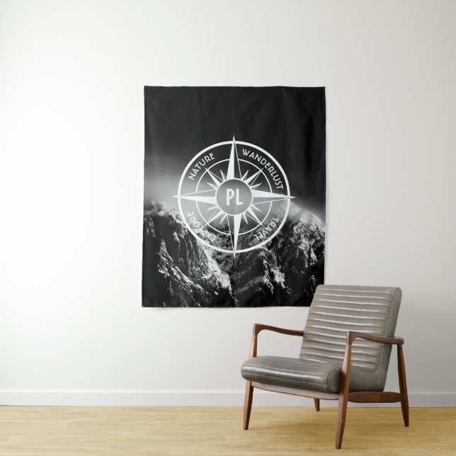 Compass star emblem monogram dramatic mountains tapestry (In Situ)