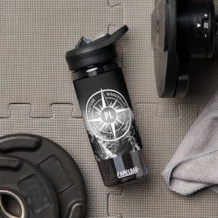 Compass star emblem monogram dramatic mountains water bottle