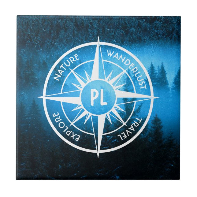 Compass star emblem monogram fog in spruce forest ceramic tile (Front)