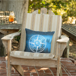 Compass star emblem monogram fog in spruce forest cushion