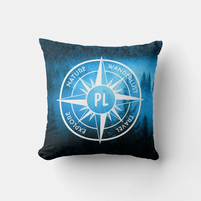 Compass star emblem monogram fog in spruce forest cushion (Front)