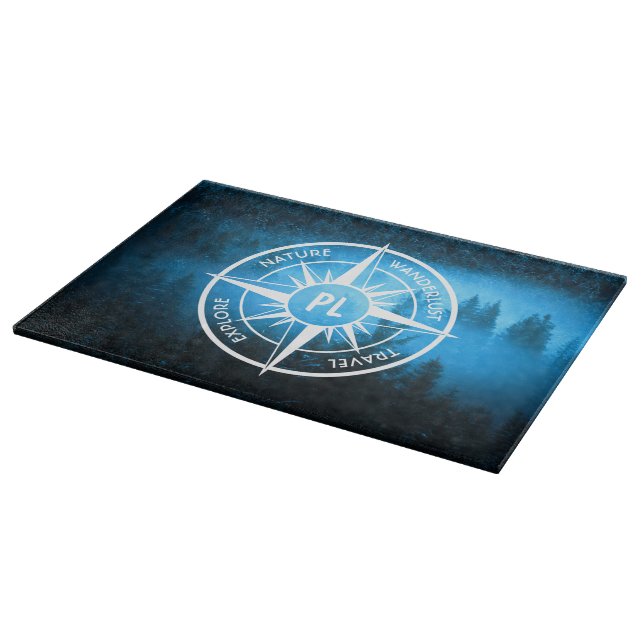 Compass star emblem monogram fog in spruce forest cutting board (Corner)