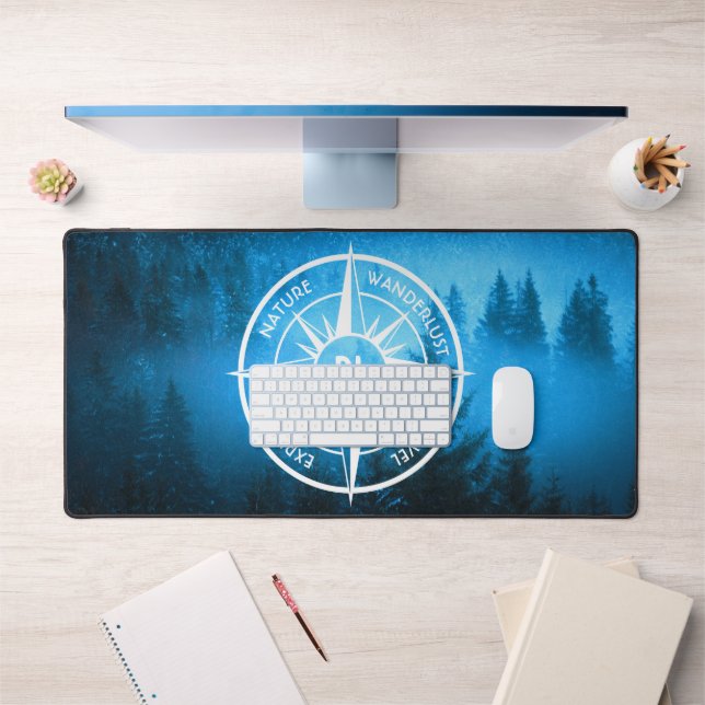 Compass star emblem monogram fog in spruce forest desk mat (Office 1)