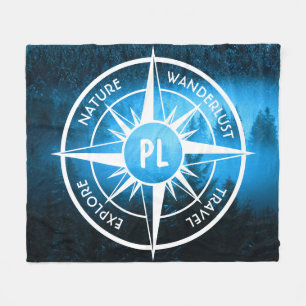 Compass star emblem monogram fog in spruce forest fleece blanket