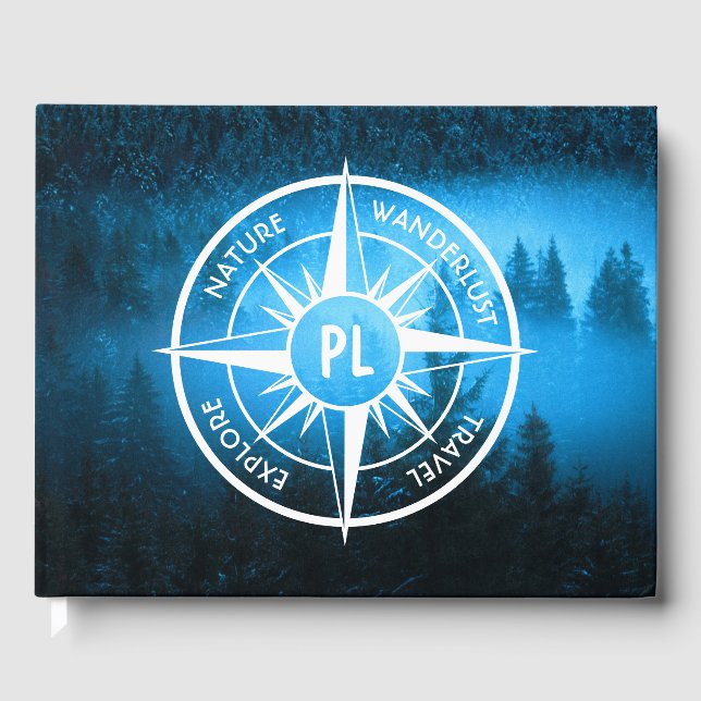 Compass star emblem monogram fog in spruce forest guest book (Front)