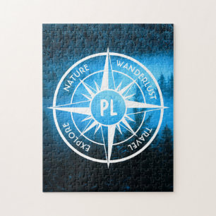 Compass star emblem monogram fog in spruce forest jigsaw puzzle