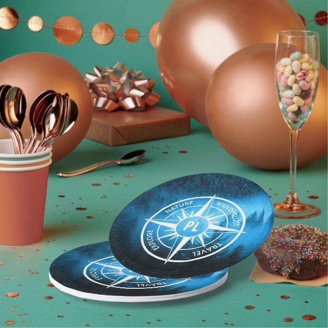 Compass star emblem monogram fog in spruce forest paper plate (Multi)