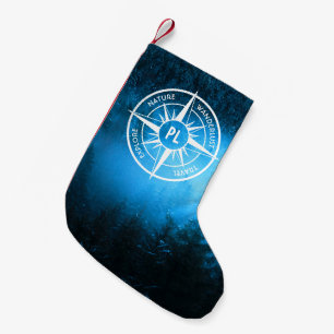 Compass star emblem monogram fog in spruce forest small christmas stocking
