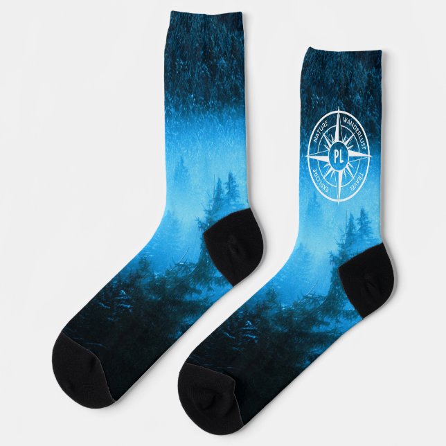 Compass star emblem monogram fog in spruce forest socks (Left)